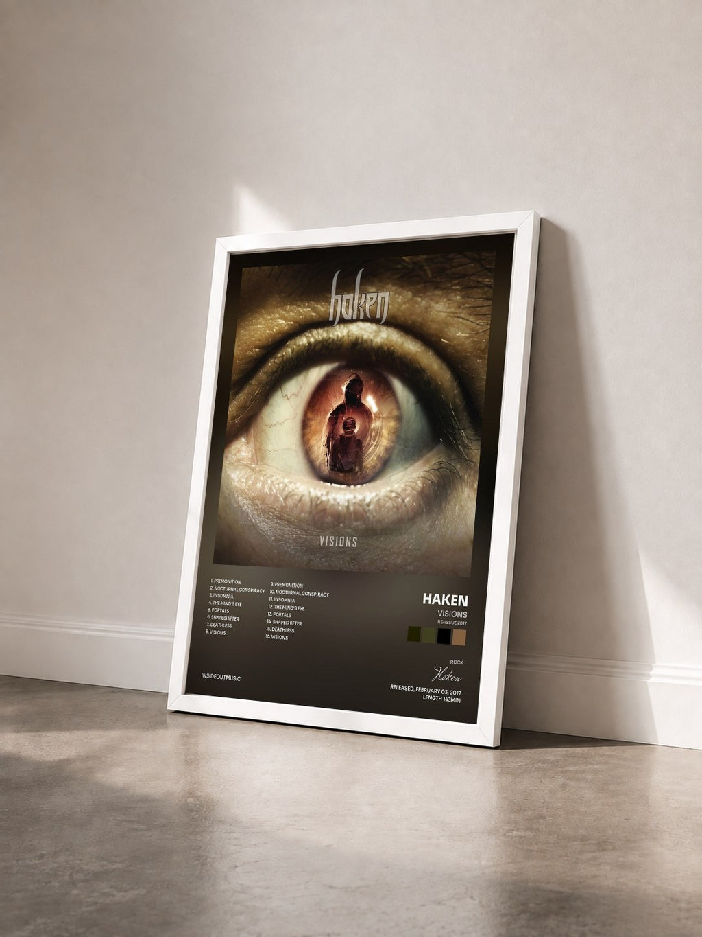 #blanc Tableau de l'album Visions (Re-issue 2017) de Haken vu de trois quarts, cadre blanc