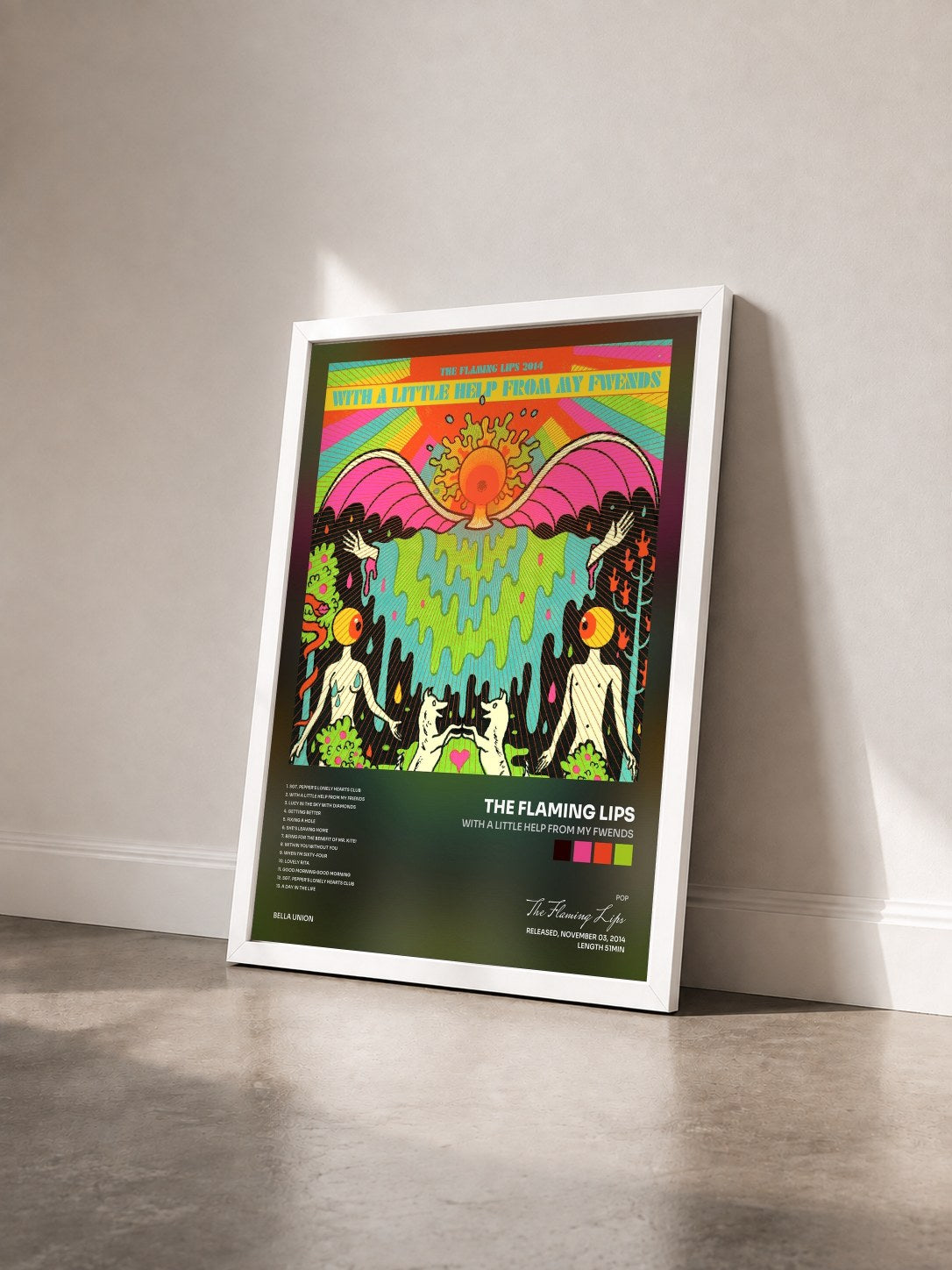 #blanc Tableau de l'album With a Little Help from My Fwends de The Flaming Lips vu de trois quarts, cadre blanc