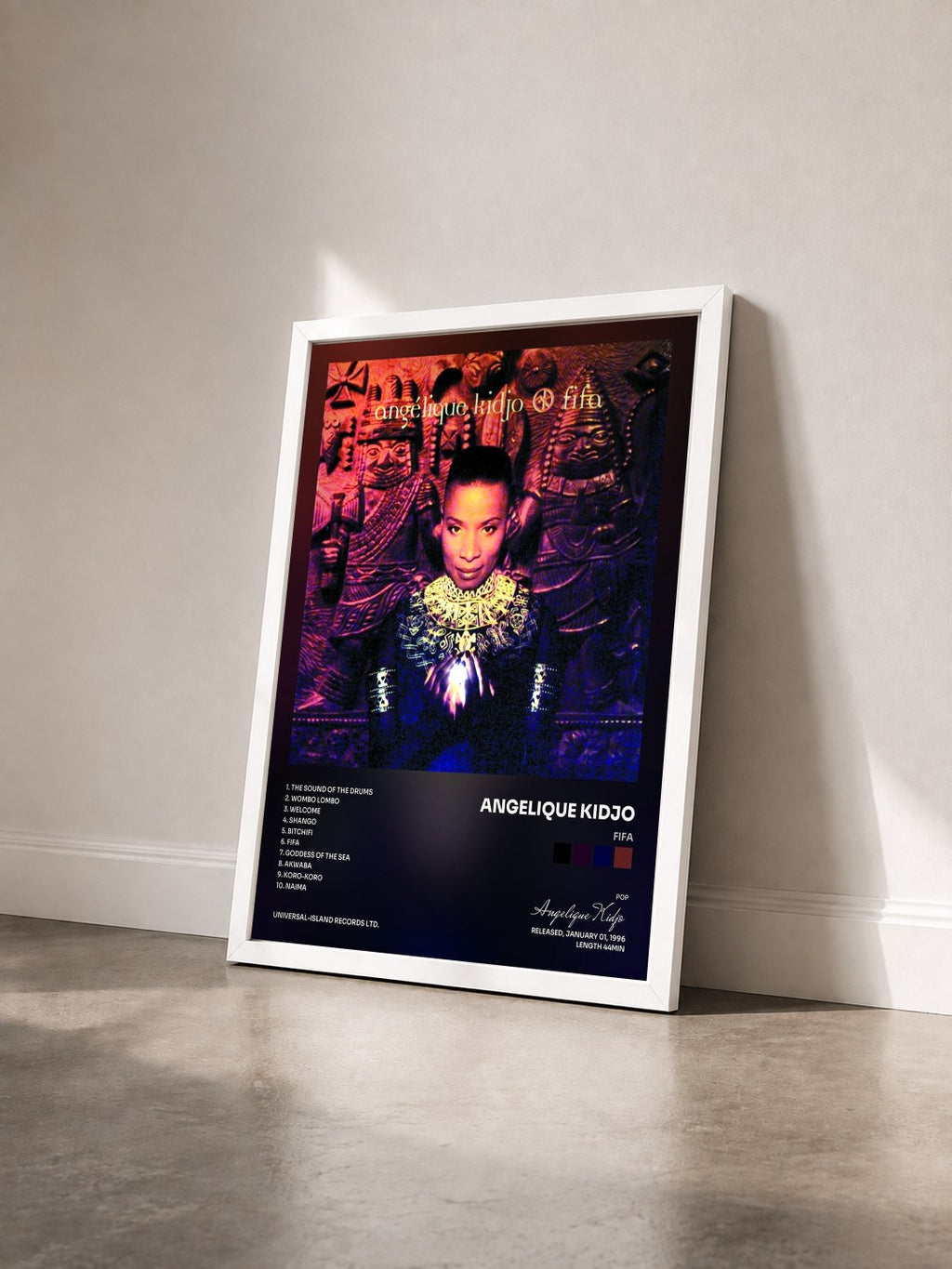 #blanc Tableau de l'album Fifa de Angelique Kidjo vu de trois quarts, cadre blanc