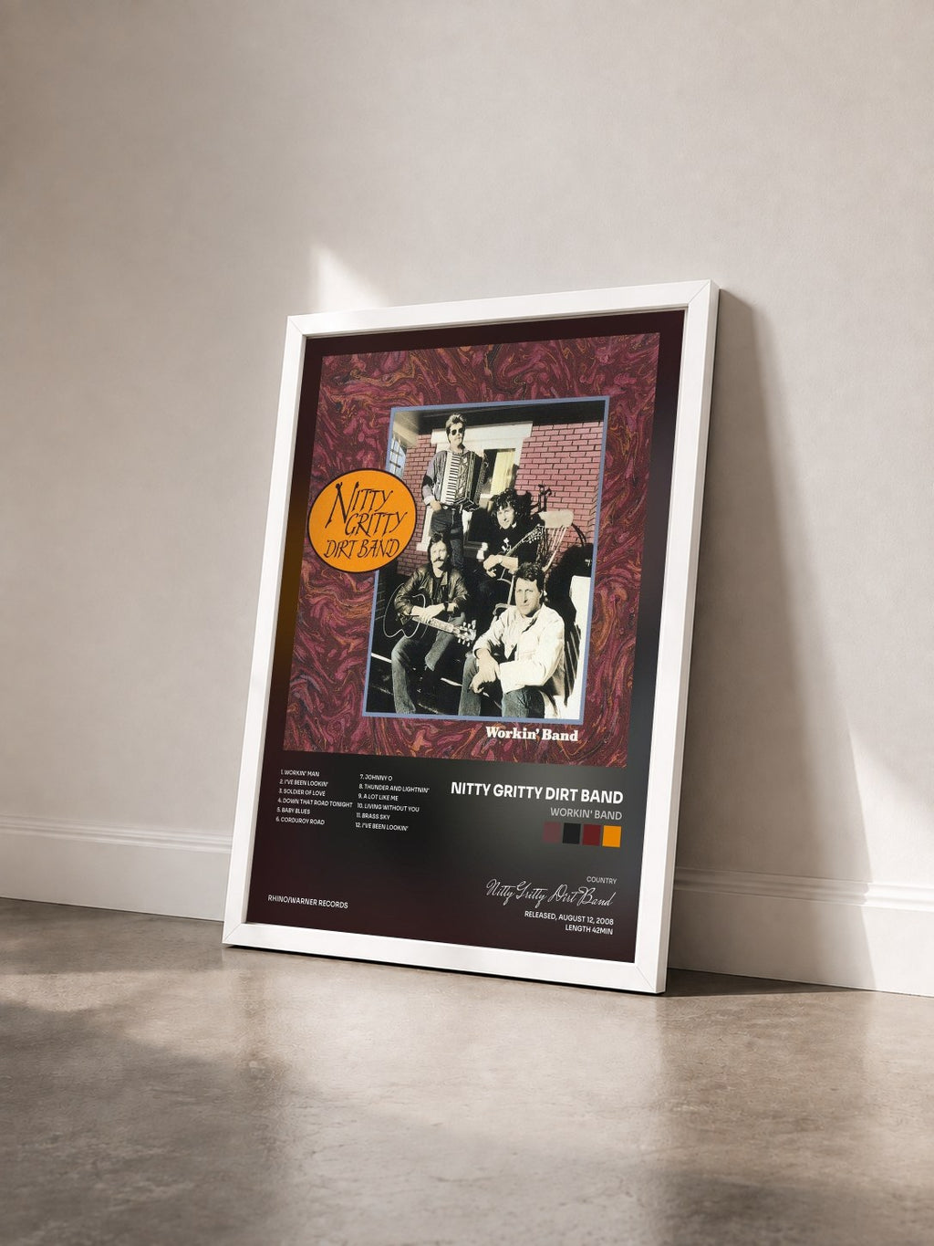#blanc Tableau de l'album Workin' Band de Nitty Gritty Dirt Band vu de trois quarts, cadre blanc