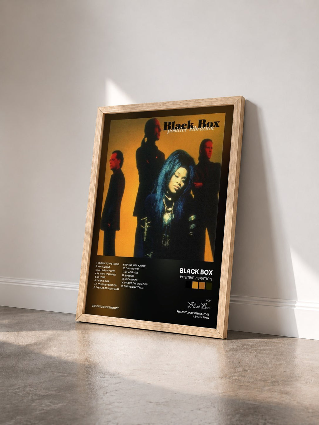 #bois Tableau de l'album Positive Vibration de Black Box vu de trois quarts, cadre en bois brut