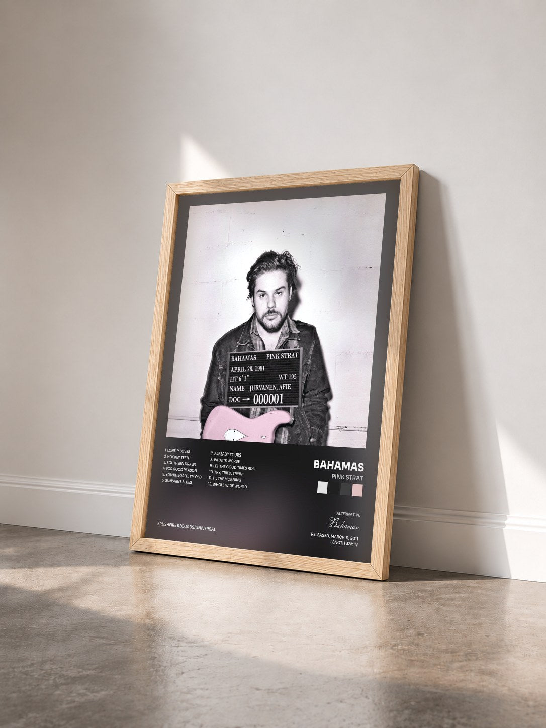 #bois Tableau de l'album Pink Strat de Bahamas vu de trois quarts, cadre en bois brut