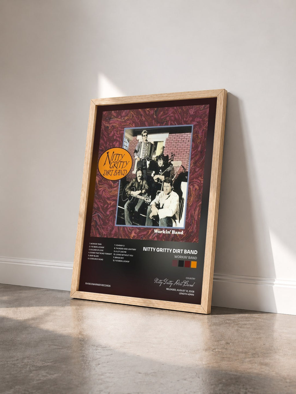 #bois Tableau de l'album Workin' Band de Nitty Gritty Dirt Band vu de trois quarts, cadre en bois brut