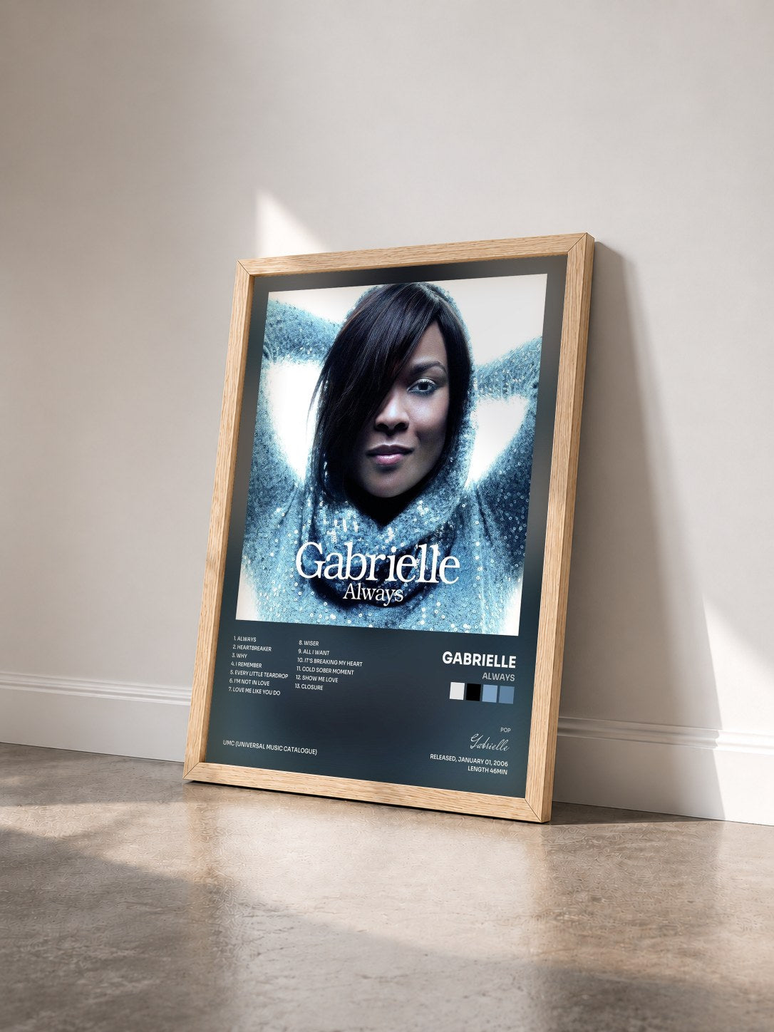 #bois Tableau de l'album Always de Gabrielle vu de trois quarts, cadre en bois brut