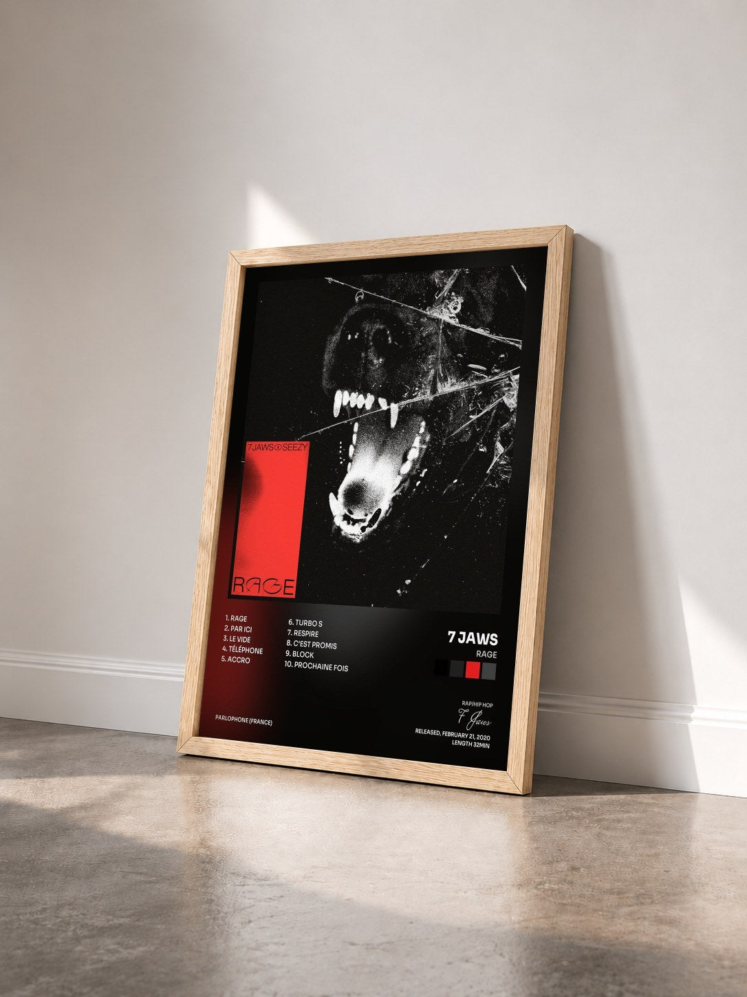 #bois Tableau de l'album RAGE de 7 Jaws vu de trois quarts, cadre en bois brut