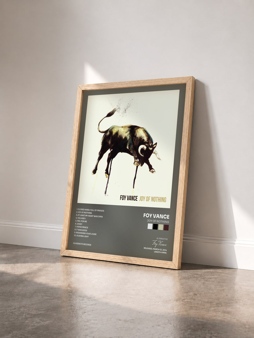 #bois Tableau de l'album Joy Of Nothing de Foy Vance vu de trois quarts, cadre en bois brut