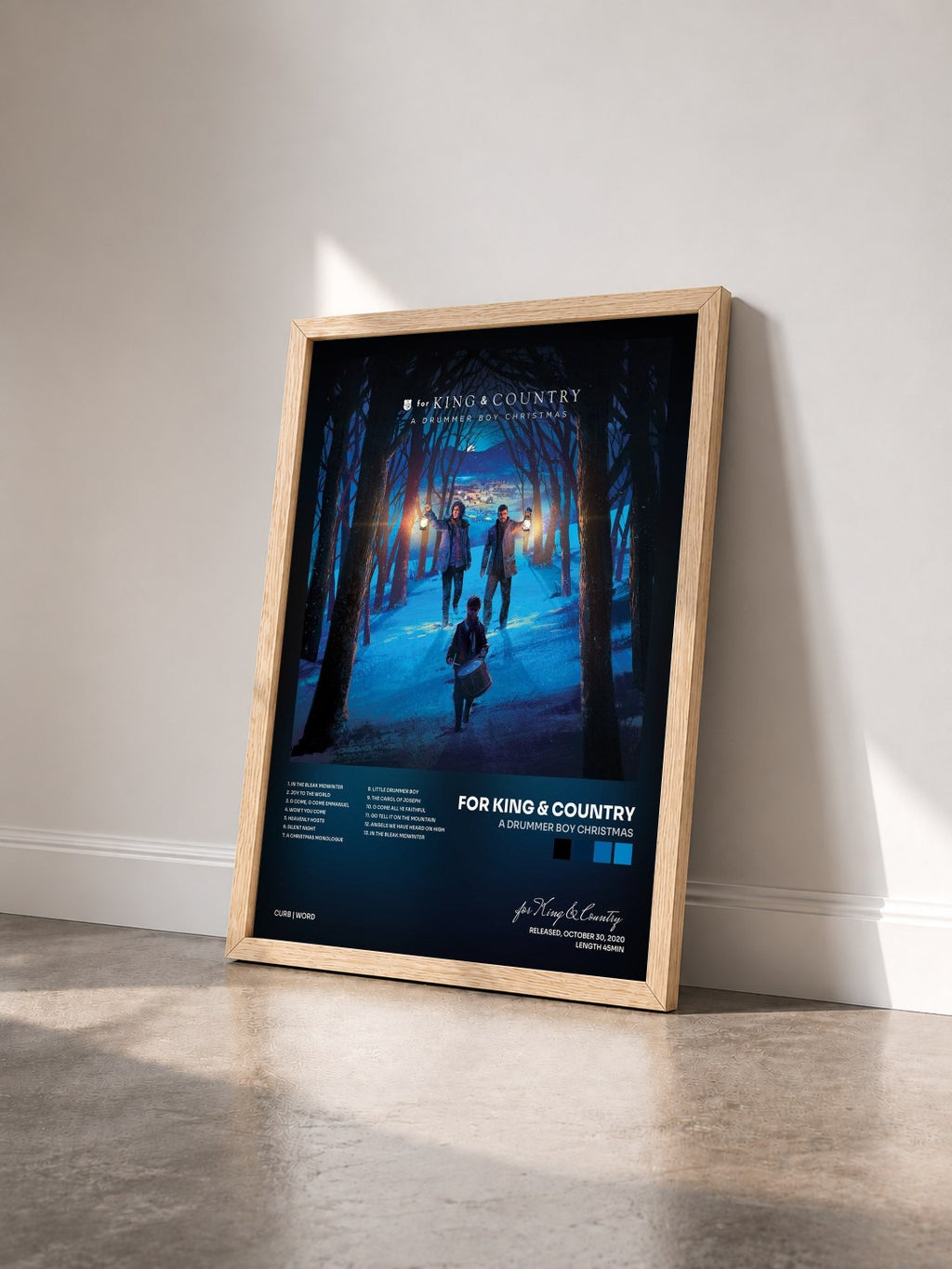 #bois Tableau de l'album A Drummer Boy Christmas de for King & Country vu de trois quarts, cadre en bois brut