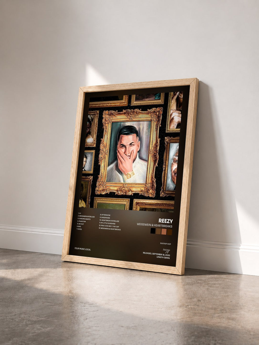 #bois Tableau de l'album WEISSWEIN & HEARTBREAKS de reezy vu de trois quarts, cadre en bois brut