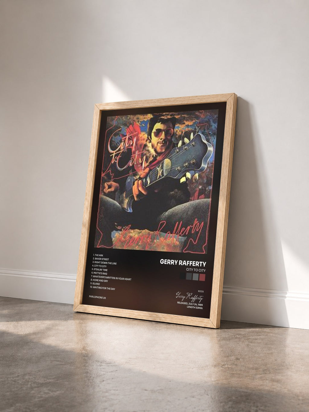 #bois Tableau de l'album City to City de Gerry Rafferty vu de trois quarts, cadre en bois brut