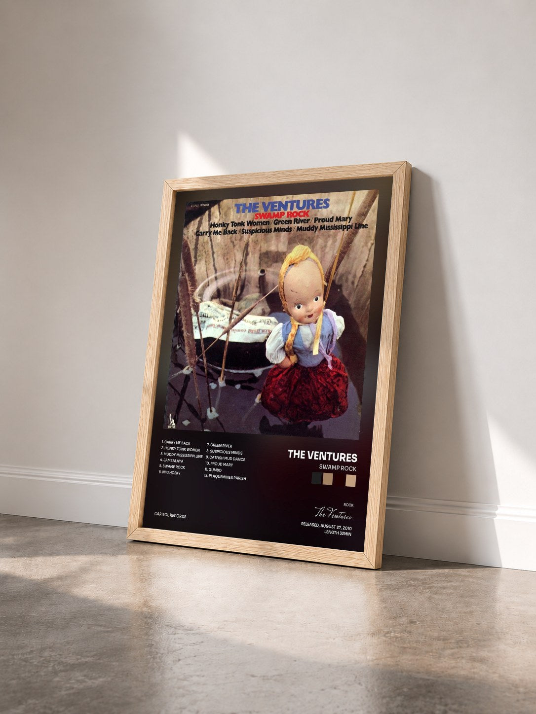 #bois Tableau de l'album Swamp Rock de The Ventures vu de trois quarts, cadre en bois brut