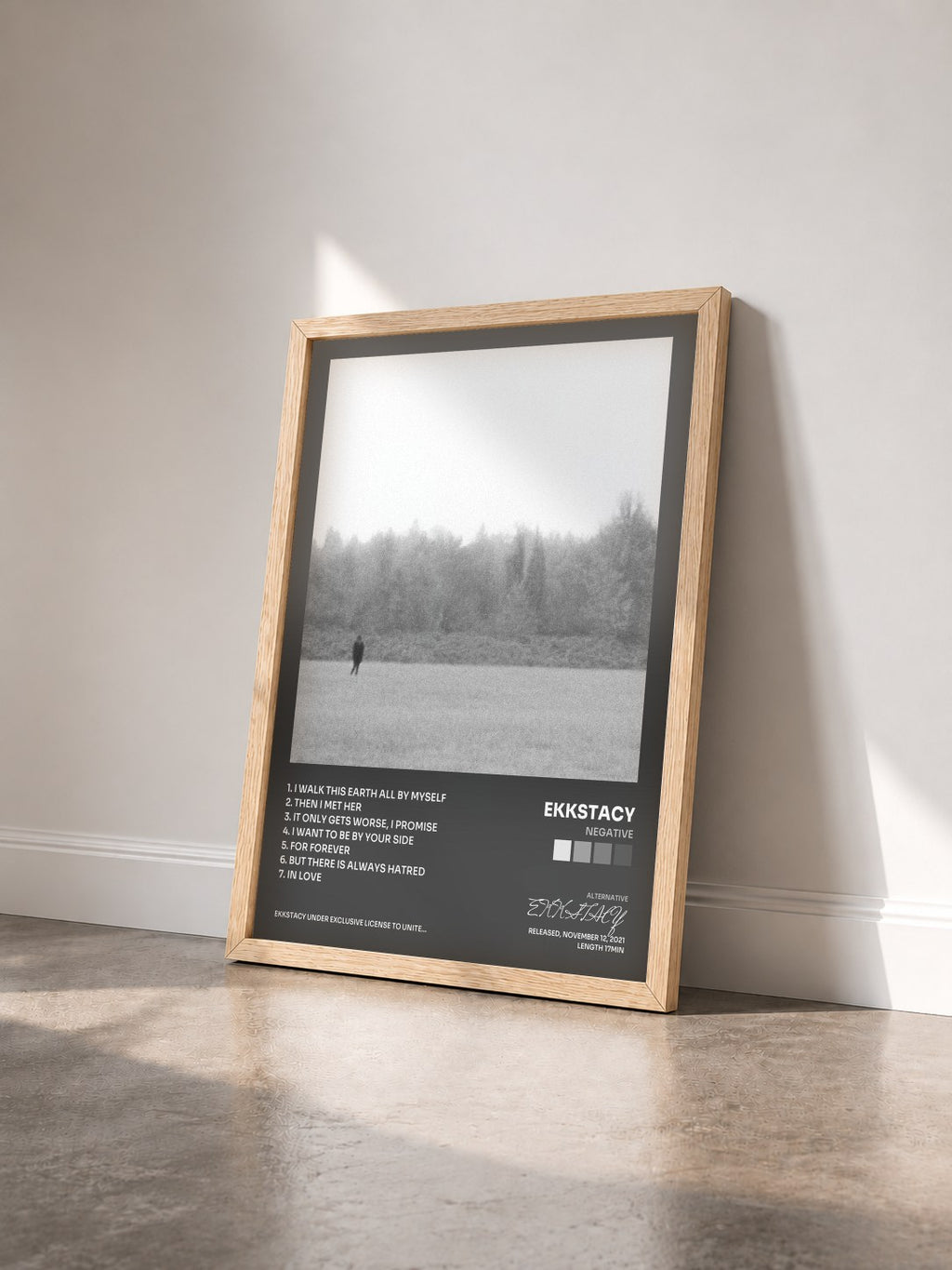 #bois Tableau de l'album NEGATIVE de EKKSTACY vu de trois quarts, cadre en bois brut