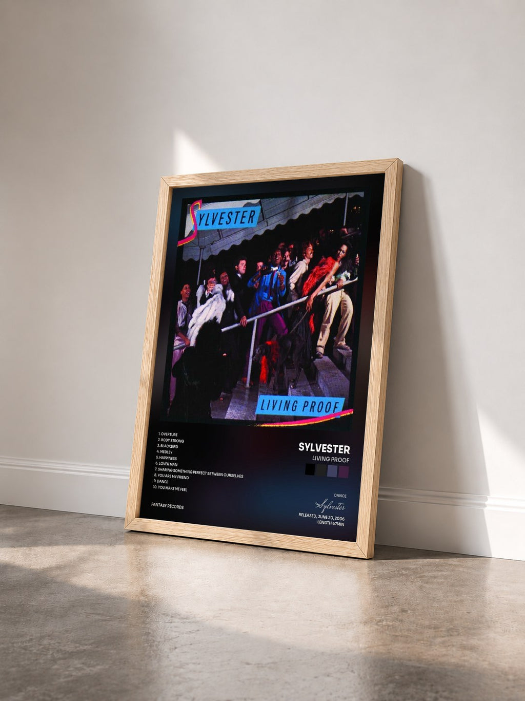 #bois Tableau de l'album Living Proof de Sylvester vu de trois quarts, cadre en bois brut