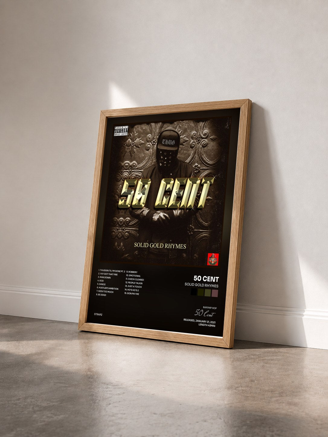 #bois Tableau de l'album Solid Gold Rhymes de 50 Cent vu de trois quarts, cadre en bois brut