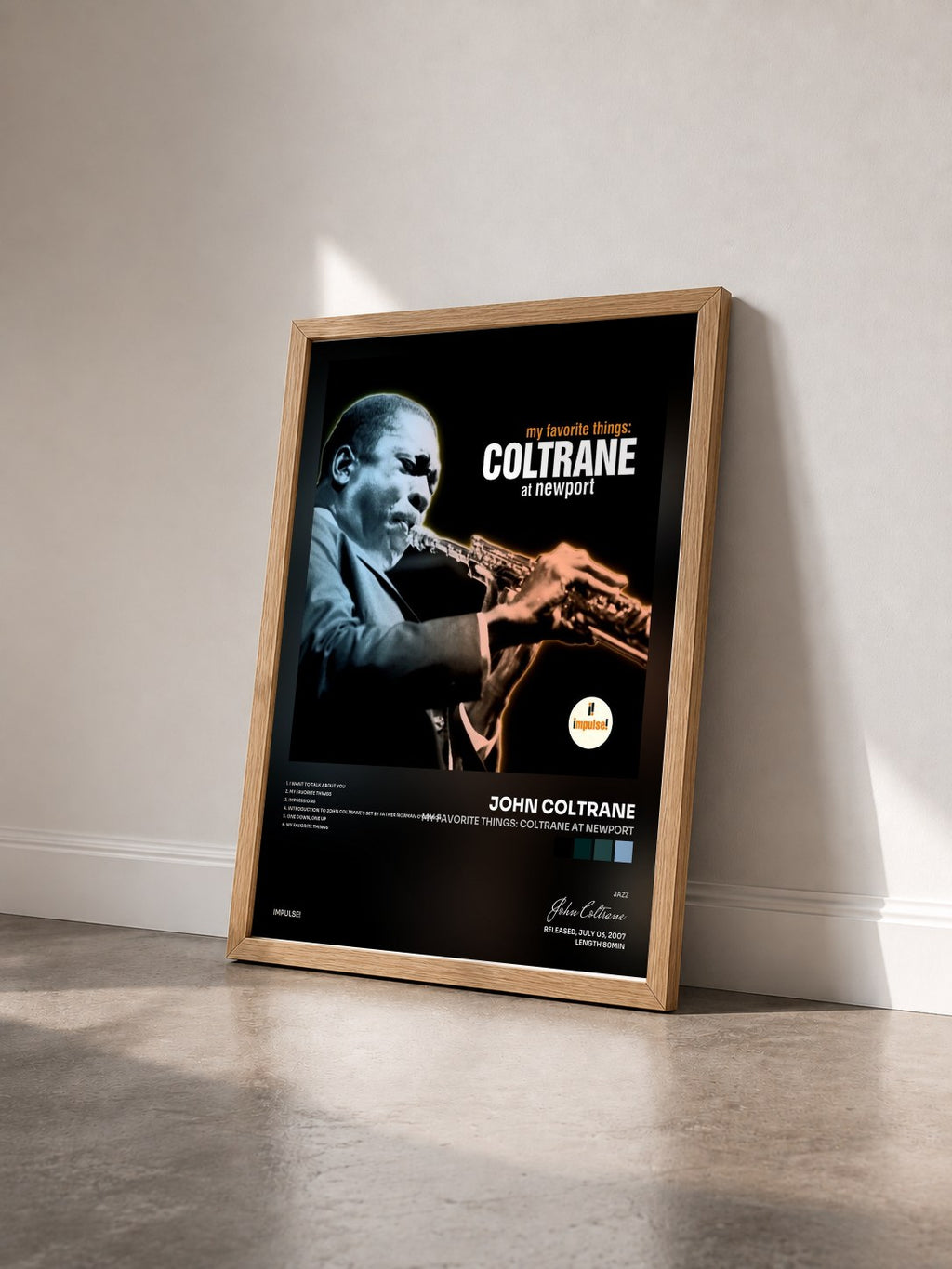 #bois Tableau de l'album My Favorite Things: Coltrane At Newport de John Coltrane vu de trois quarts, cadre en bois brut