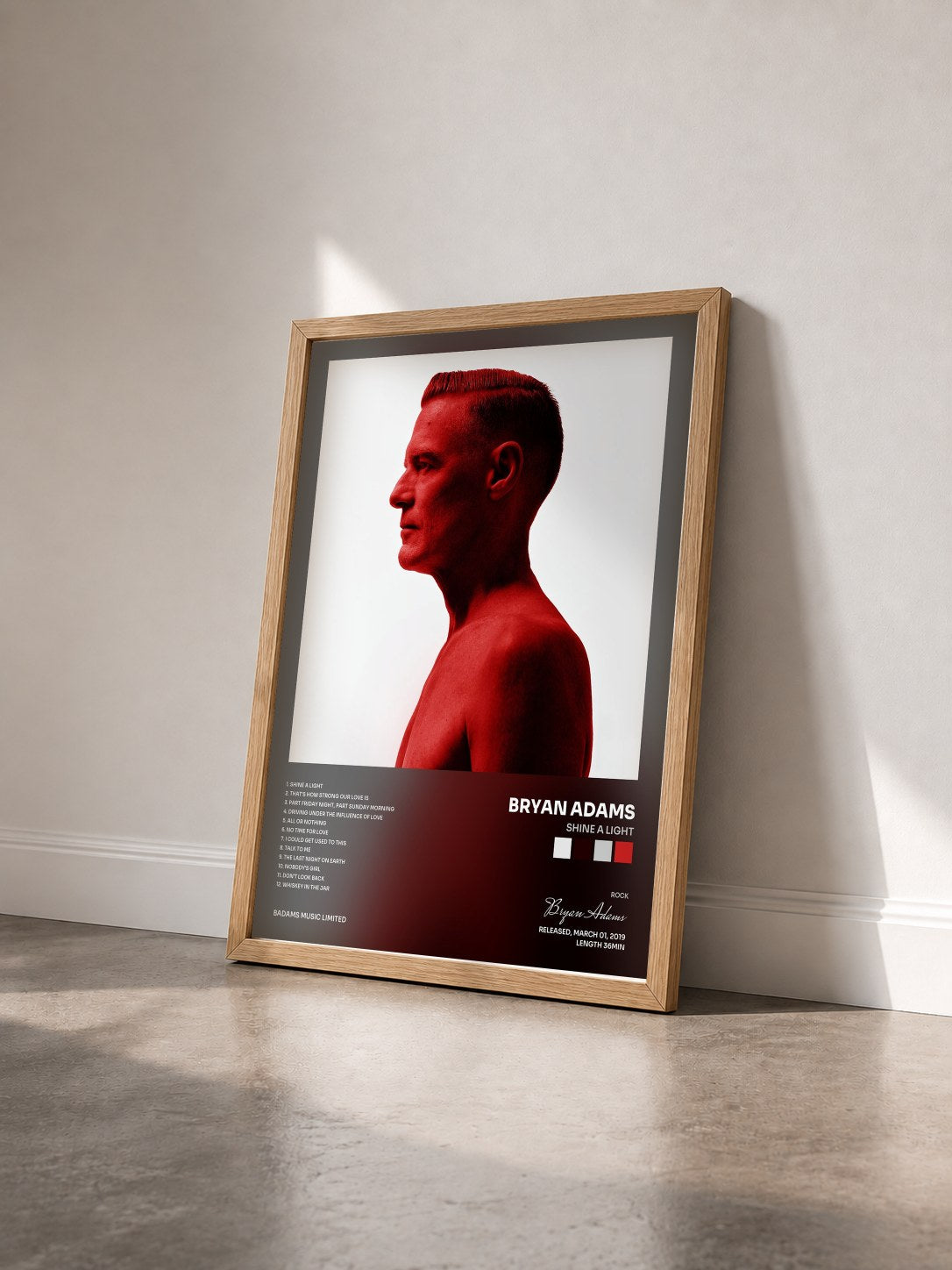 #bois Tableau de l'album Shine A Light de Bryan Adams vu de trois quarts, cadre en bois brut