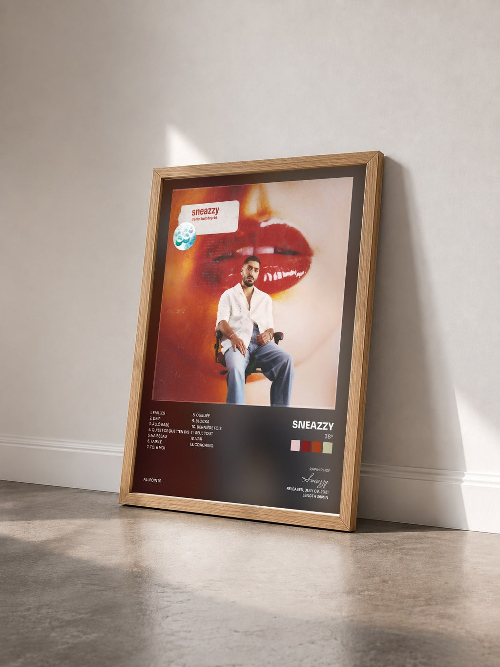 #bois Tableau de l'album 38° de Sneazzy vu de trois quarts, cadre en bois brut