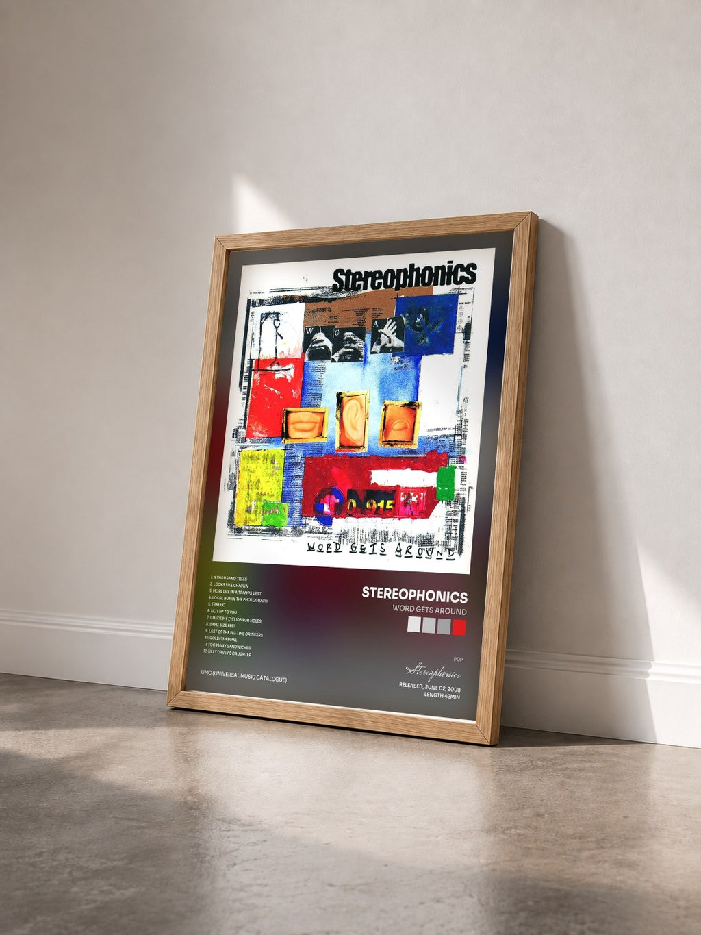 #bois Tableau de l'album Word Gets Around de Stereophonics vu de trois quarts, cadre en bois brut