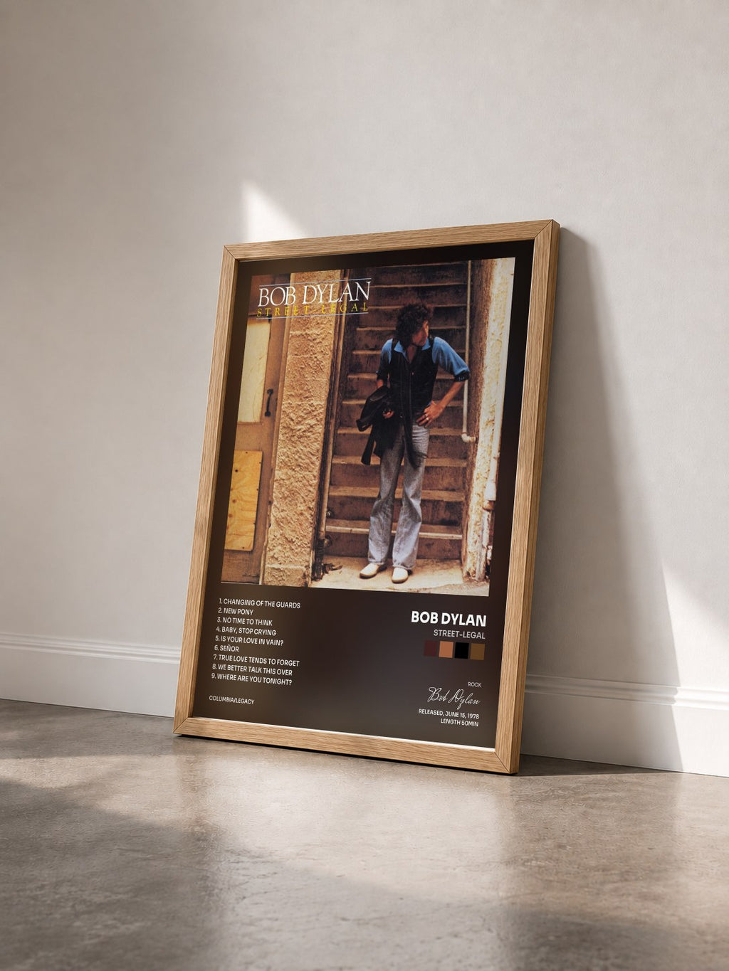 #bois Tableau de l'album Street-Legal de Bob Dylan vu de trois quarts, cadre en bois brut