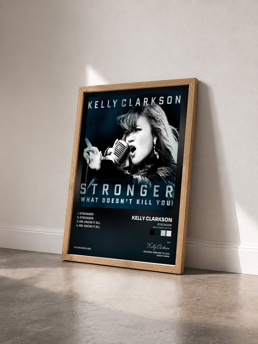 #bois Tableau de l'album Stronger (What Doesn't Kill You) de Kelly Clarkson vu de trois quarts, cadre en bois brut