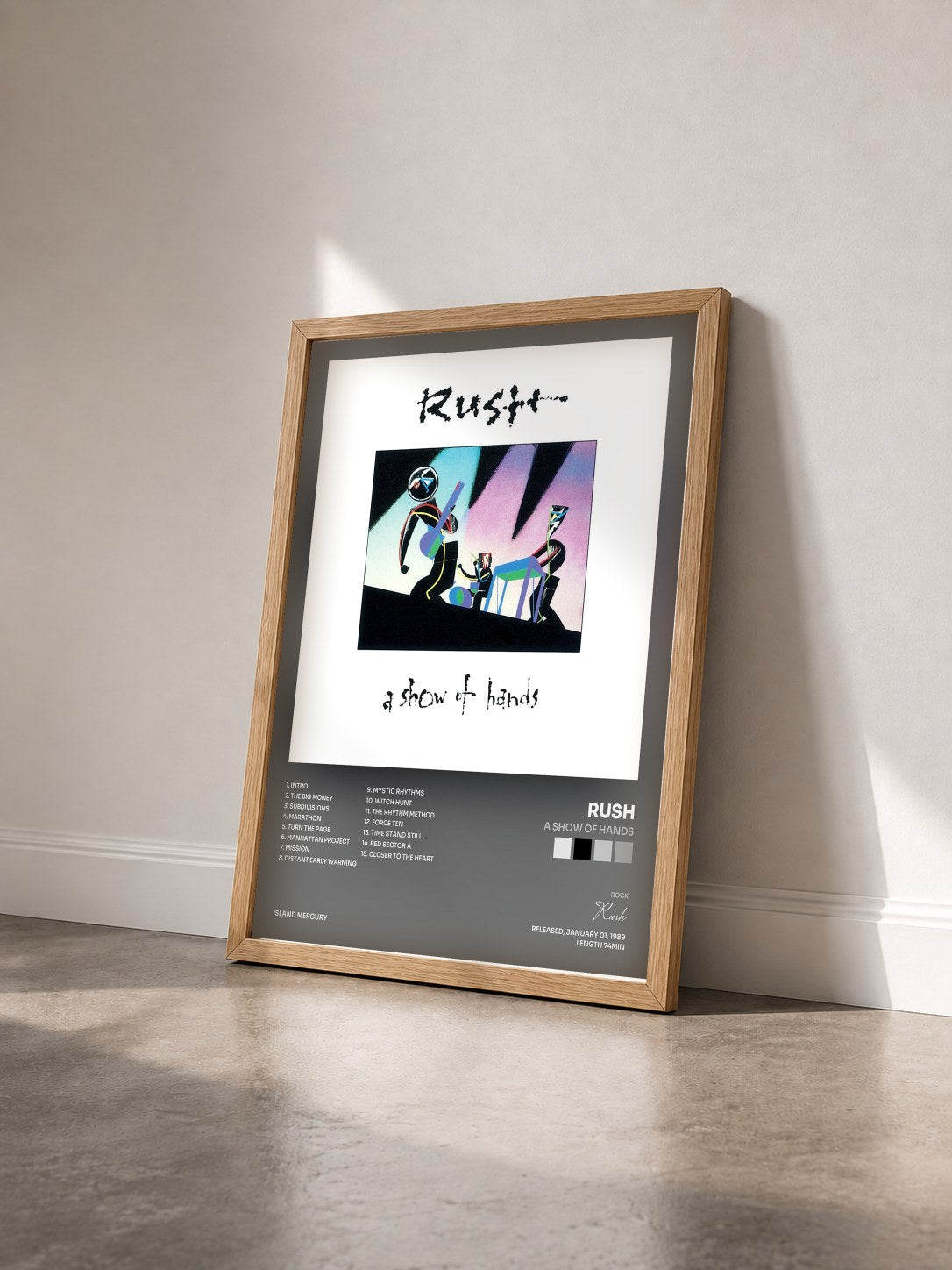 #bois Tableau de l'album A Show Of Hands de Rush vu de trois quarts, cadre en bois brut