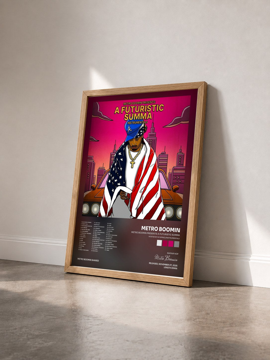 #bois Tableau de l'album Metro Boomin Presents: A Futuristic Summa (Hosted by DJ Spinz) (Instrumentals) de Metro Boomin vu de trois quarts, cadre en bois brut