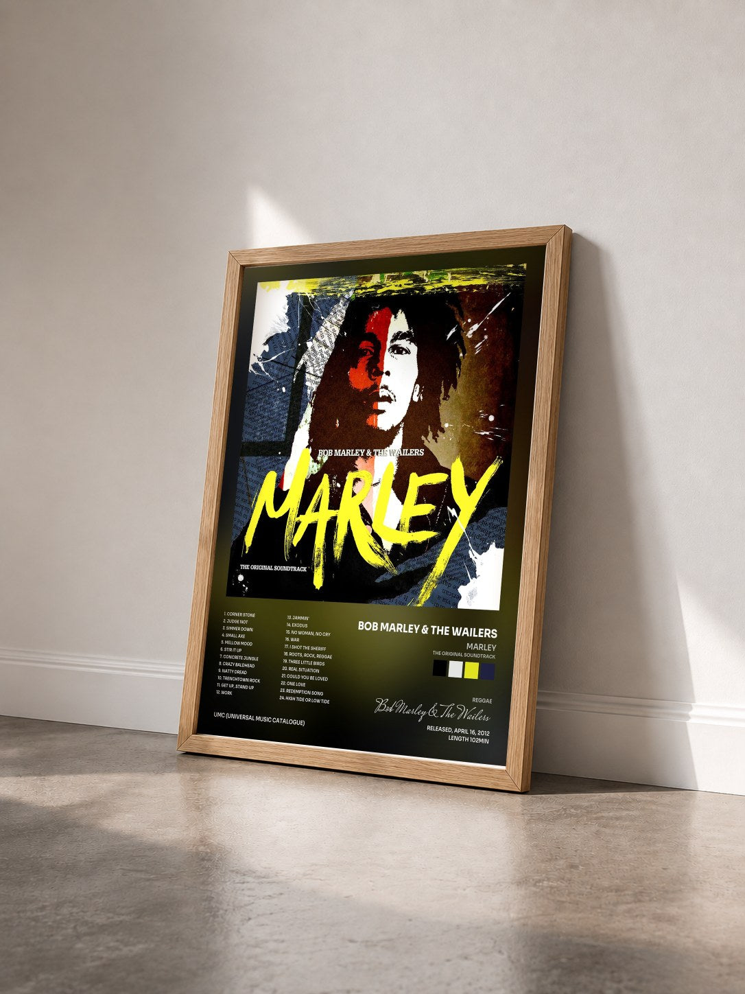 #bois Tableau de l'album Marley (The Original Soundtrack) de Bob Marley & The Wailers vu de trois quarts, cadre en bois brut