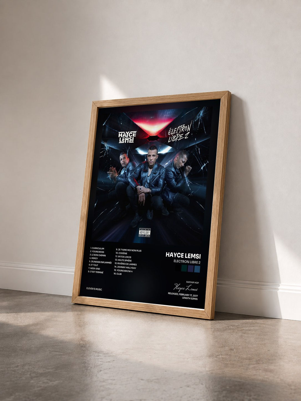 #bois Tableau de l'album Electron libre 2 de Hayce Lemsi vu de trois quarts, cadre en bois brut