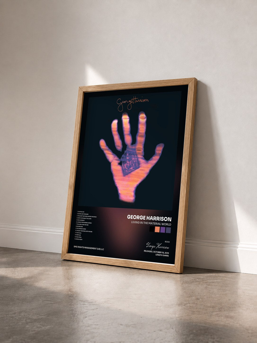 #bois Tableau de l'album Living In The Material World de George Harrison vu de trois quarts, cadre en bois brut
