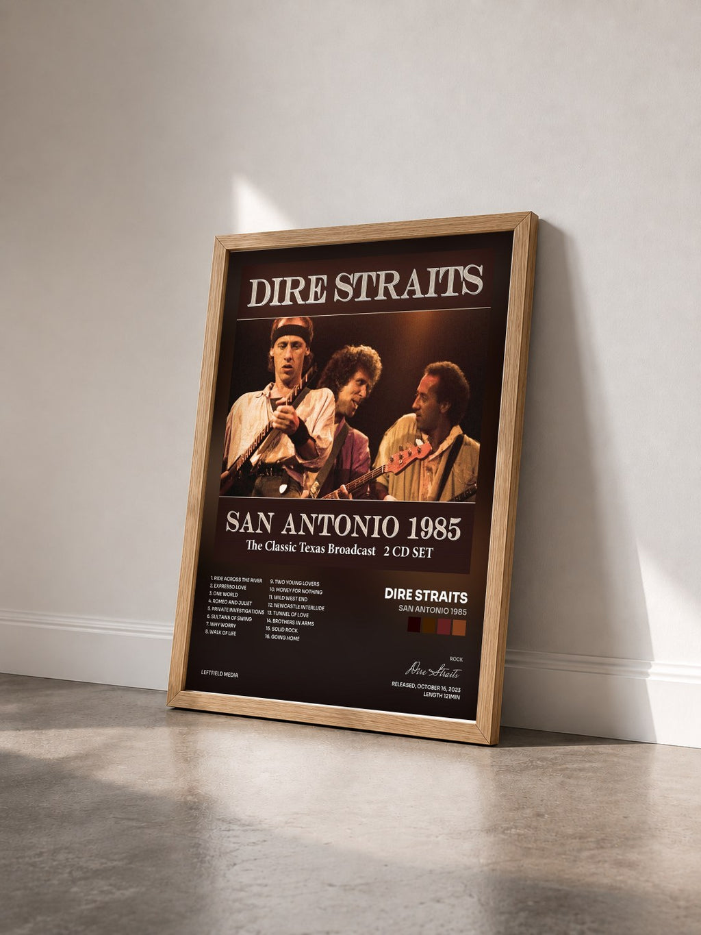 #bois Tableau de l'album San Antonio 1985 de Dire Straits vu de trois quarts, cadre en bois brut