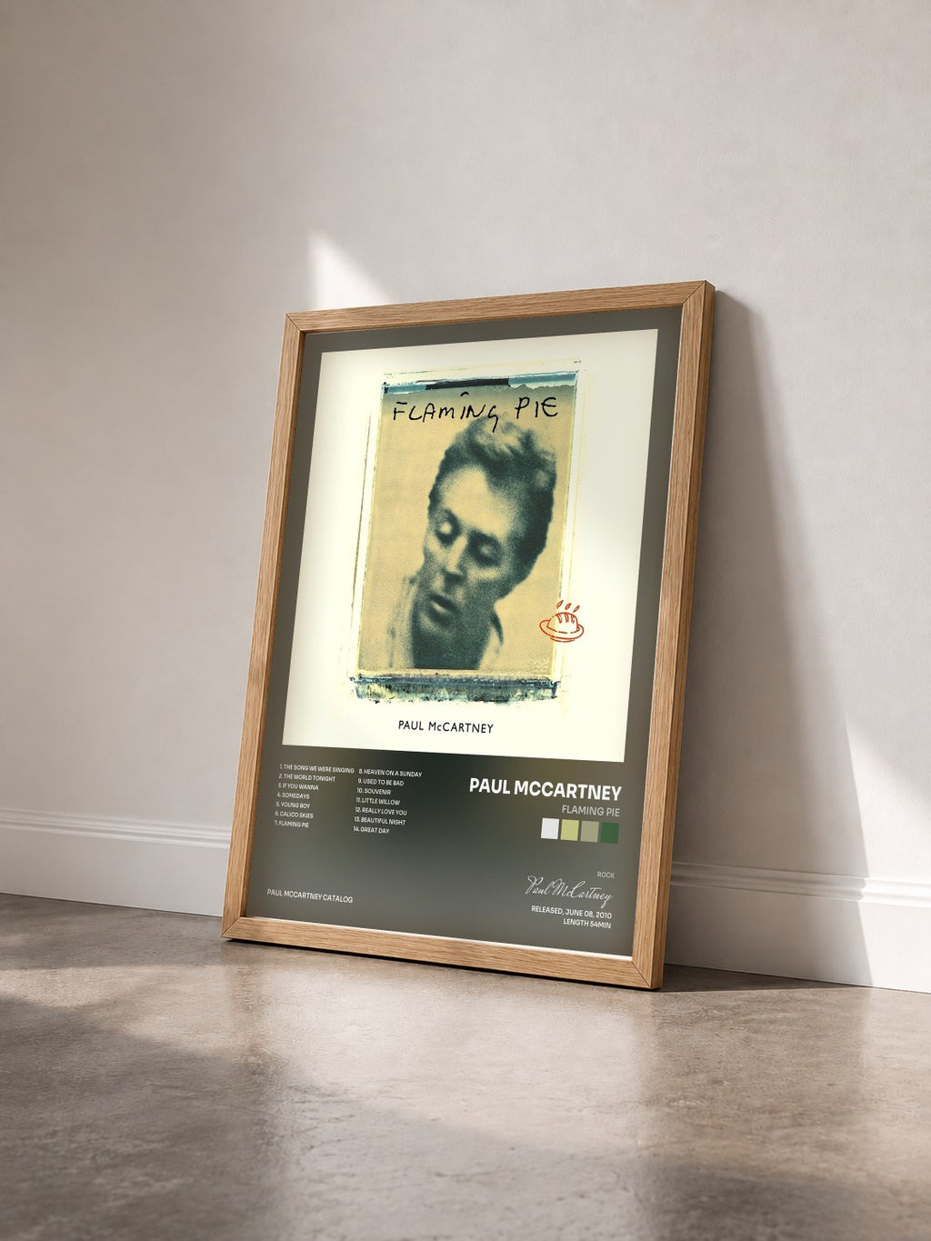 #bois Tableau de l'album Flaming Pie de Paul McCartney vu de trois quarts, cadre en bois brut