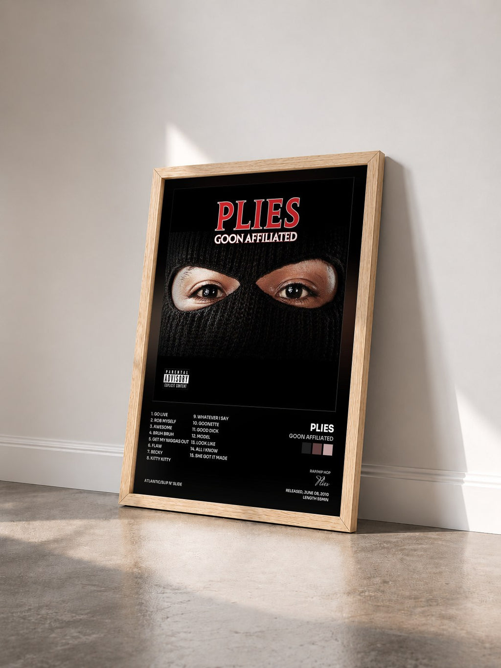 #bois Tableau de l'album Goon Affiliated de Plies vu de trois quarts, cadre en bois brut