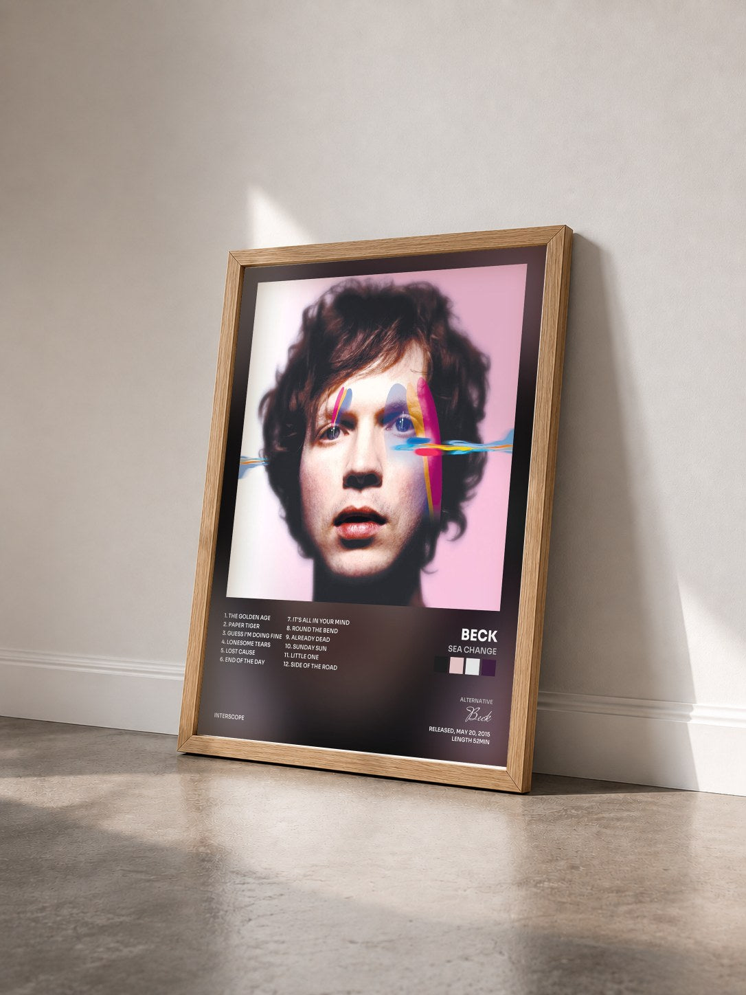 #bois Tableau de l'album Sea Change de Beck vu de trois quarts, cadre en bois brut