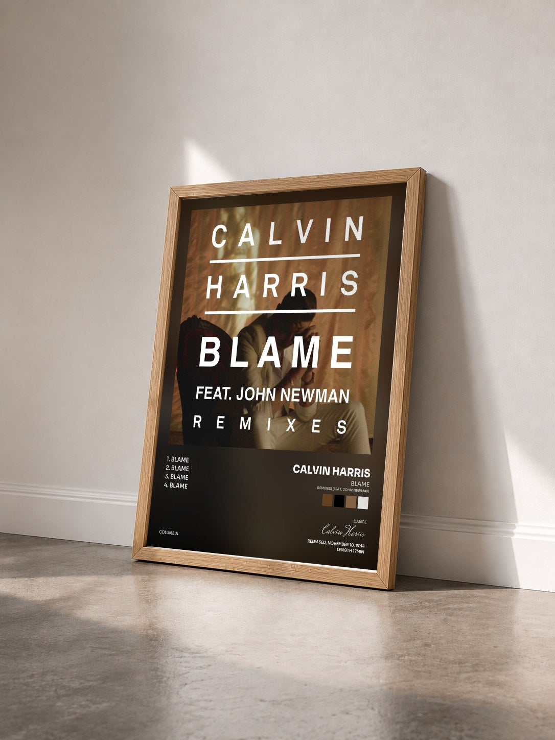 #bois Tableau de l'album Blame (Remixes) (feat. John Newman) de Calvin Harris vu de trois quarts, cadre en bois brut