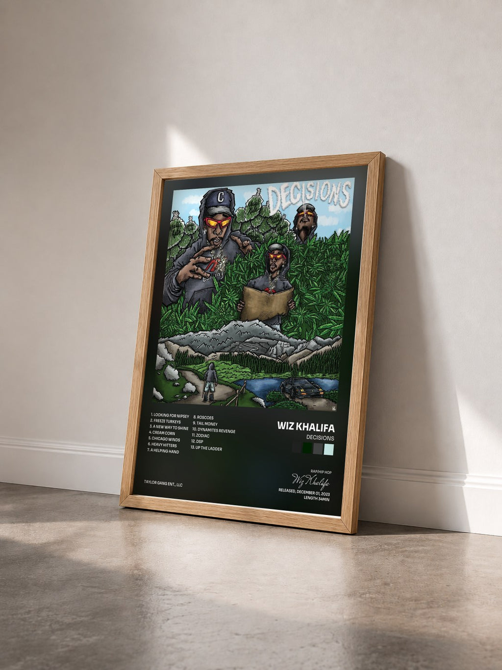 #bois Tableau de l'album Decisions de Wiz Khalifa vu de trois quarts, cadre en bois brut