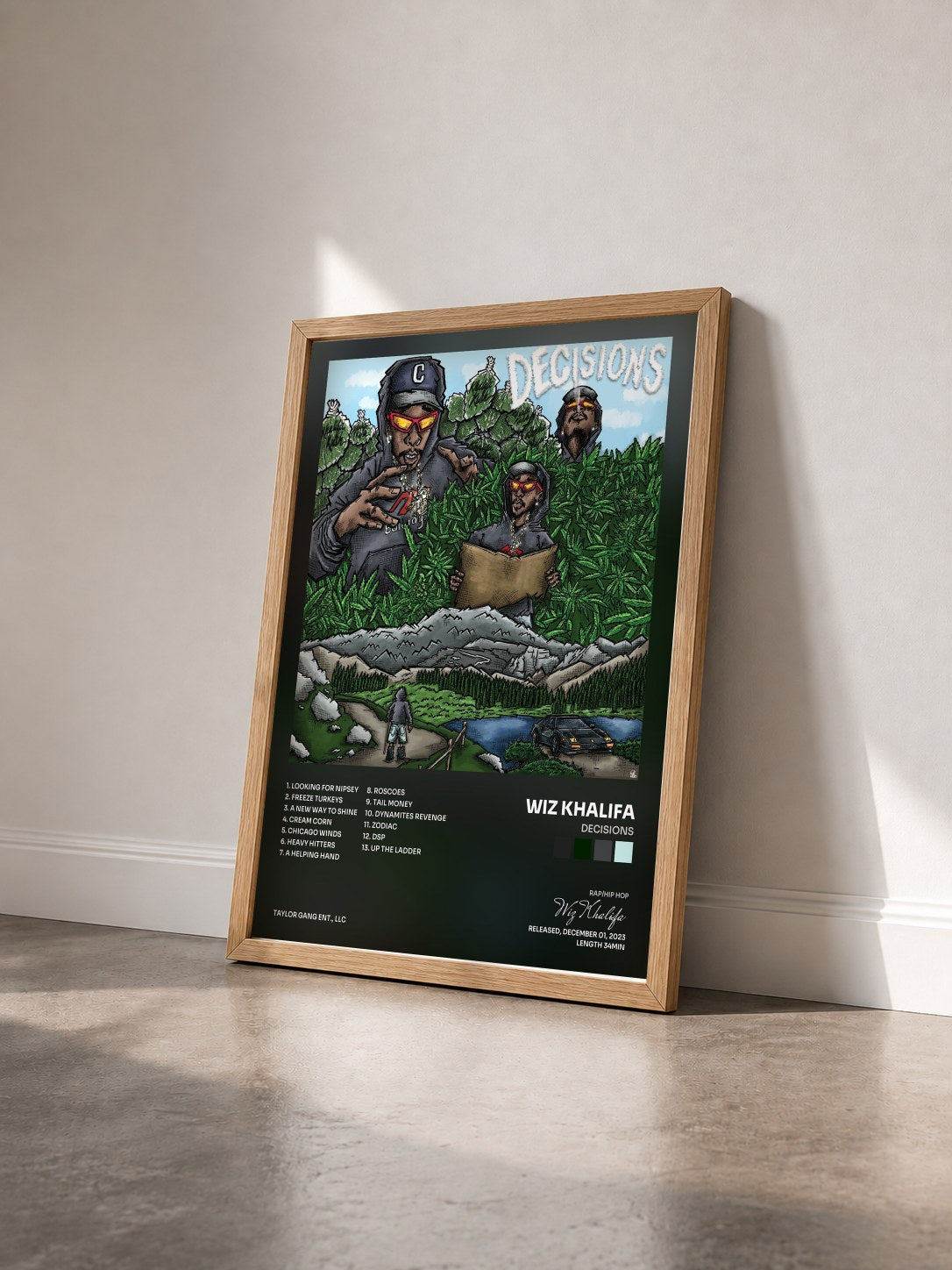 #bois Tableau de l'album Decisions de Wiz Khalifa vu de trois quarts, cadre en bois brut