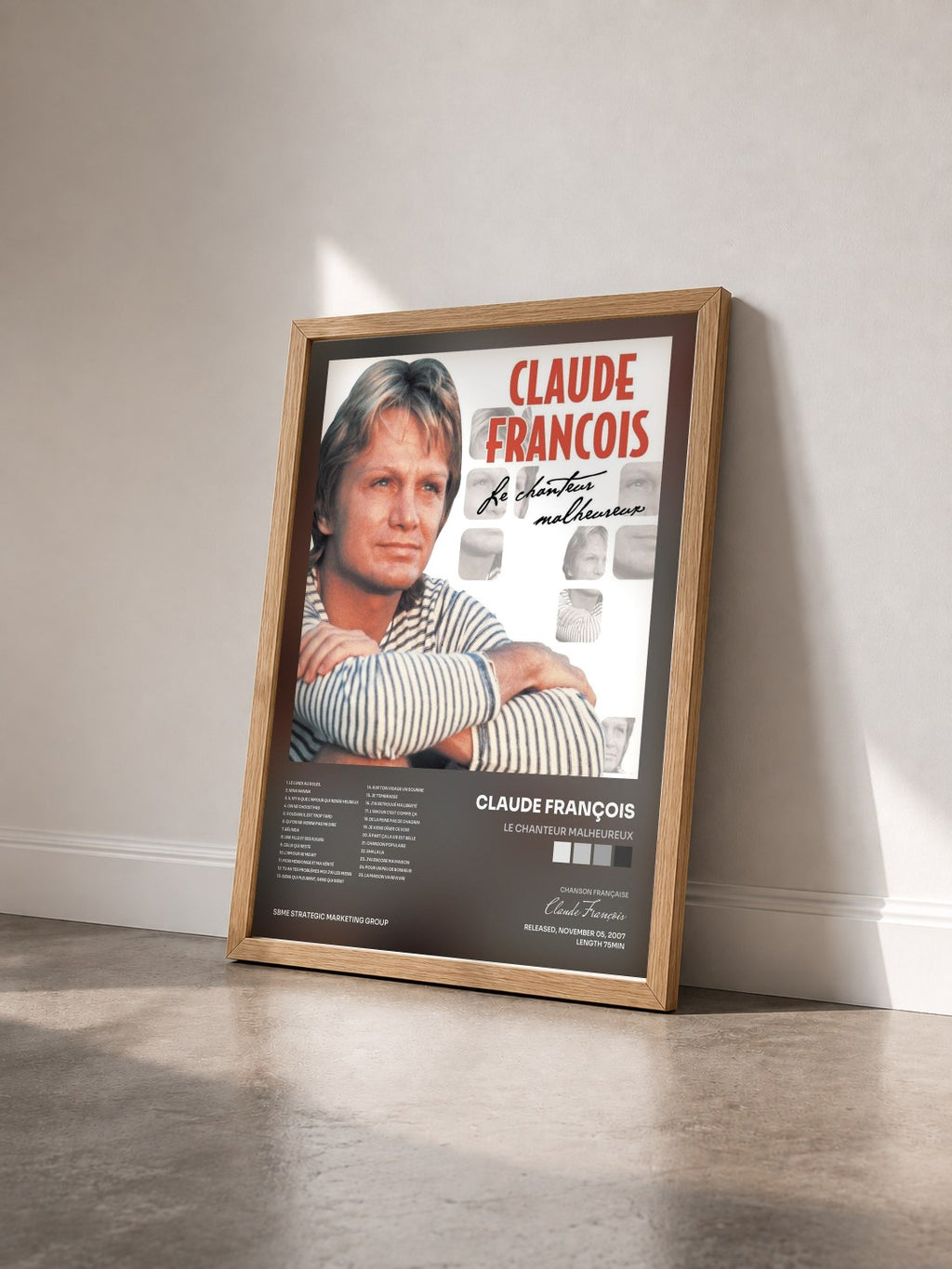 #bois Tableau de l'album Le Chanteur Malheureux de Claude François vu de trois quarts, cadre en bois brut