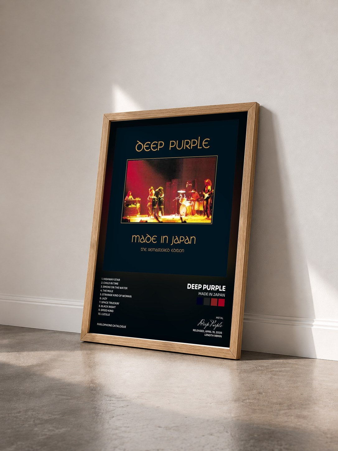 #bois Tableau de l'album Made In Japan de Deep Purple vu de trois quarts, cadre en bois brut