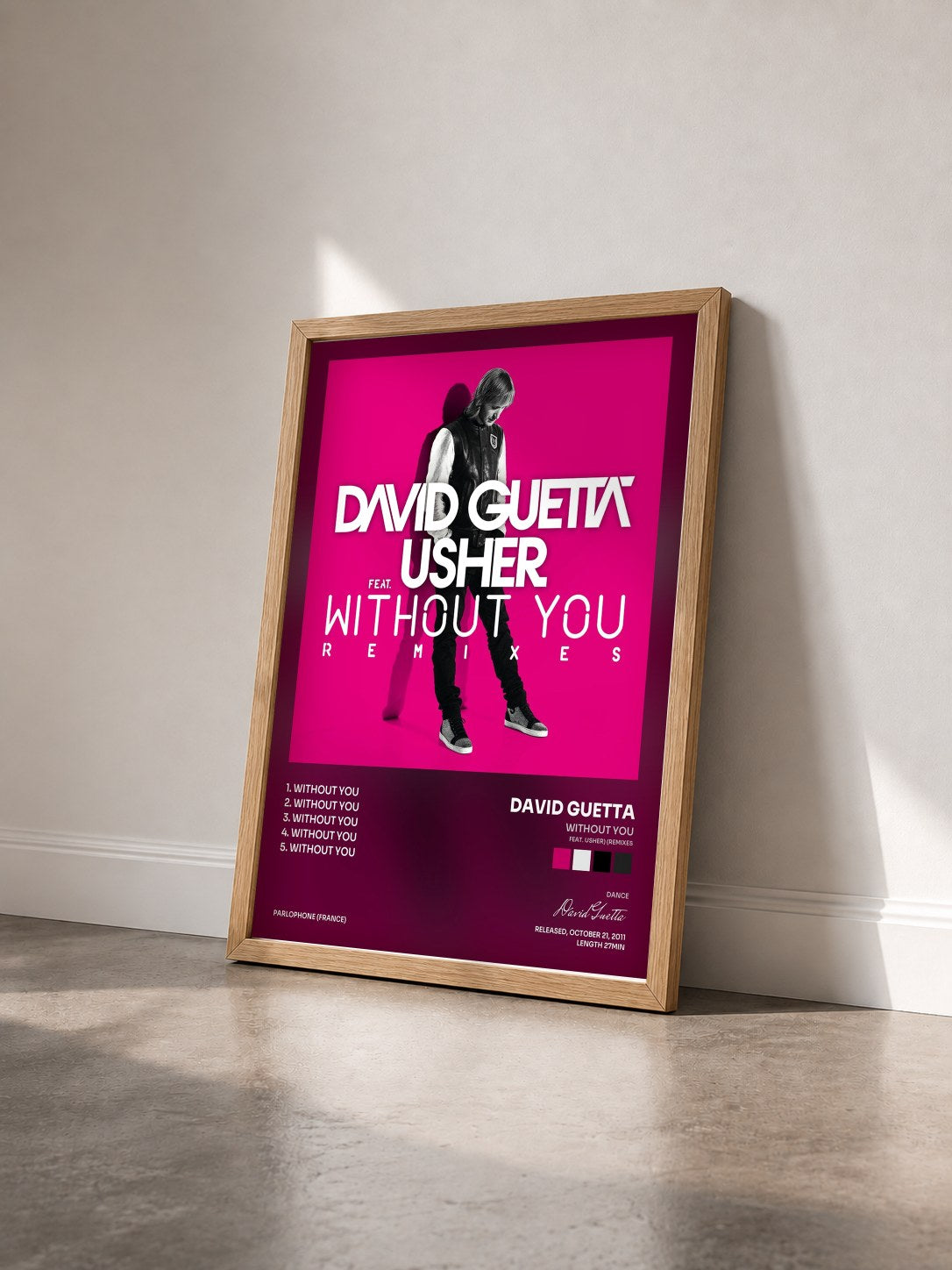 #bois Tableau de l'album Without You (feat. Usher) (Remixes) de David Guetta vu de trois quarts, cadre en bois brut