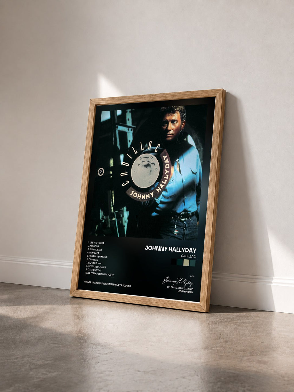 #bois Tableau de l'album Cadillac de Johnny Hallyday vu de trois quarts, cadre en bois brut