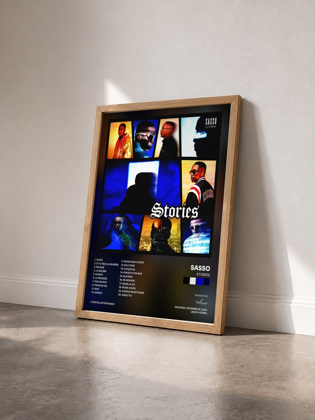 #bois Tableau de l'album Stories de Sasso vu de trois quarts, cadre en bois brut