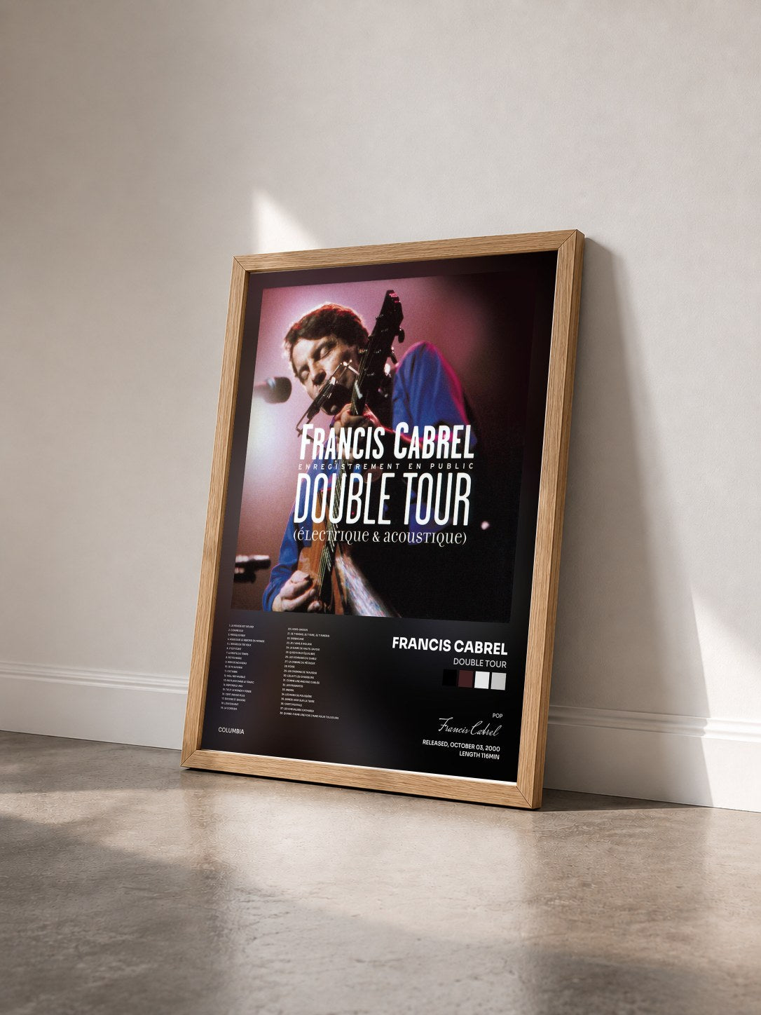 #bois Tableau de l'album Double Tour de Francis Cabrel vu de trois quarts, cadre en bois brut