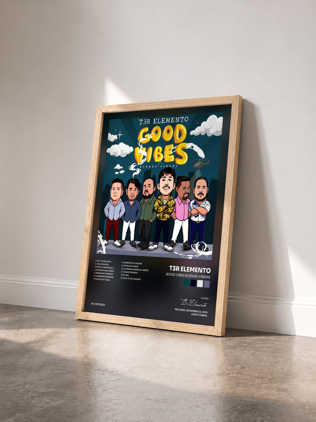 #bois Tableau de l'album Good Vibes Buenas Vibras de T3r Elemento vu de trois quarts, cadre en bois brut