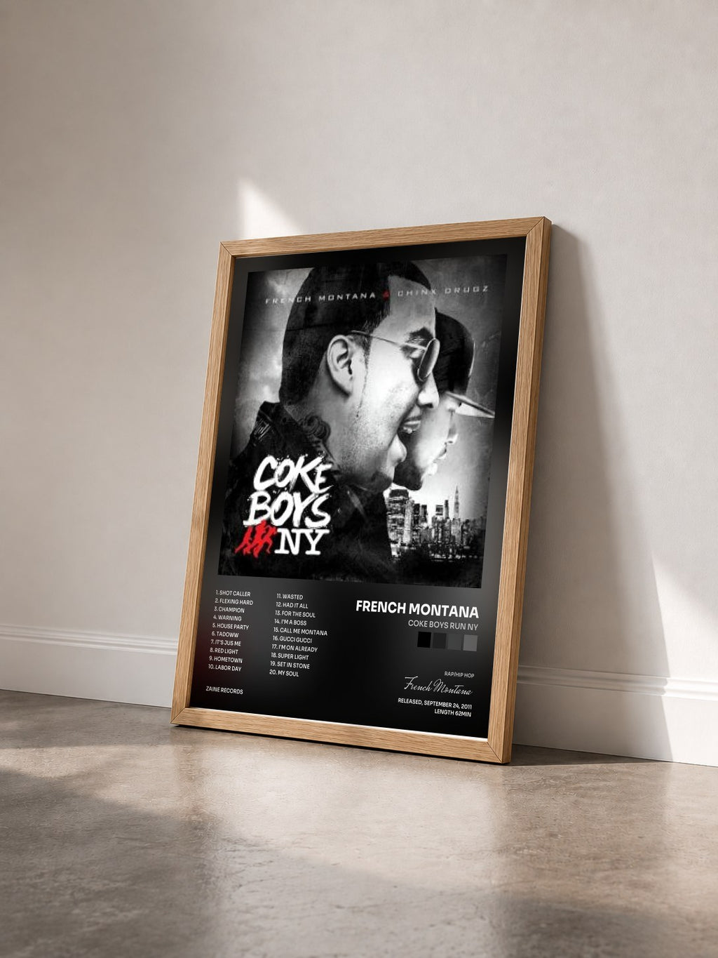 #bois Tableau de l'album Coke Boys Run NY de French Montana vu de trois quarts, cadre en bois brut
