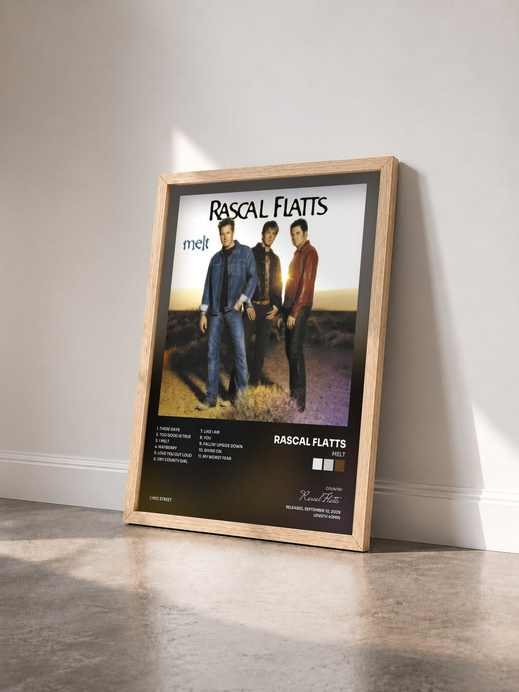 #bois Tableau de l'album Melt de Rascal Flatts vu de trois quarts, cadre en bois brut
