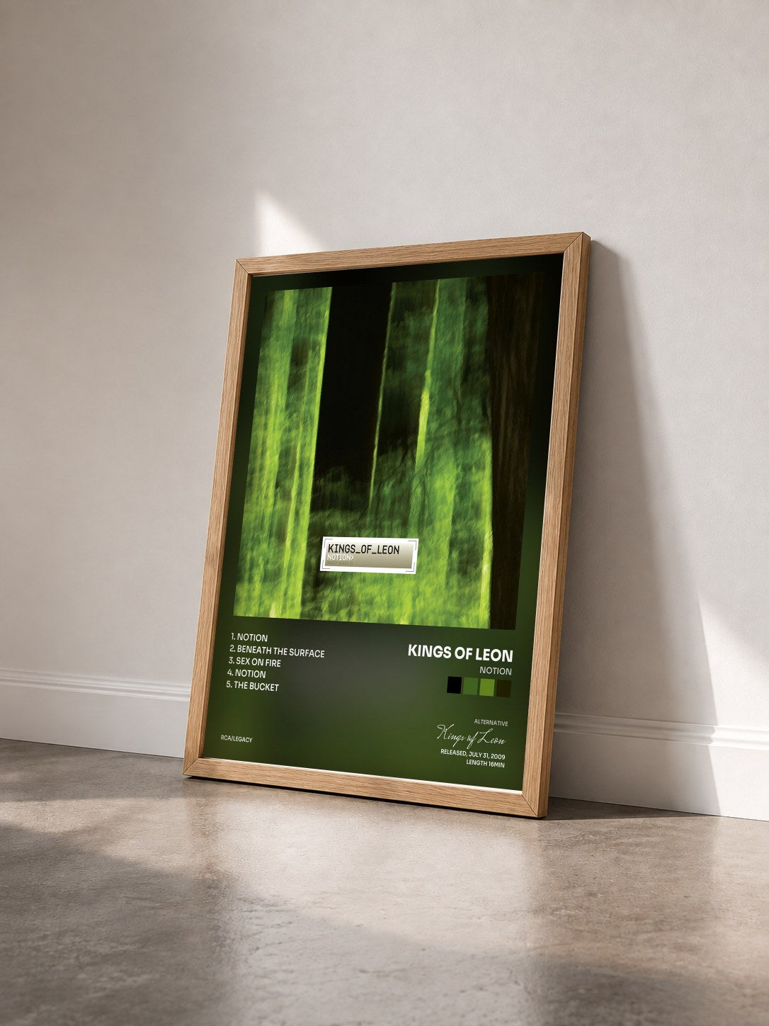 #bois Tableau de l'album Notion de Kings of Leon vu de trois quarts, cadre en bois brut