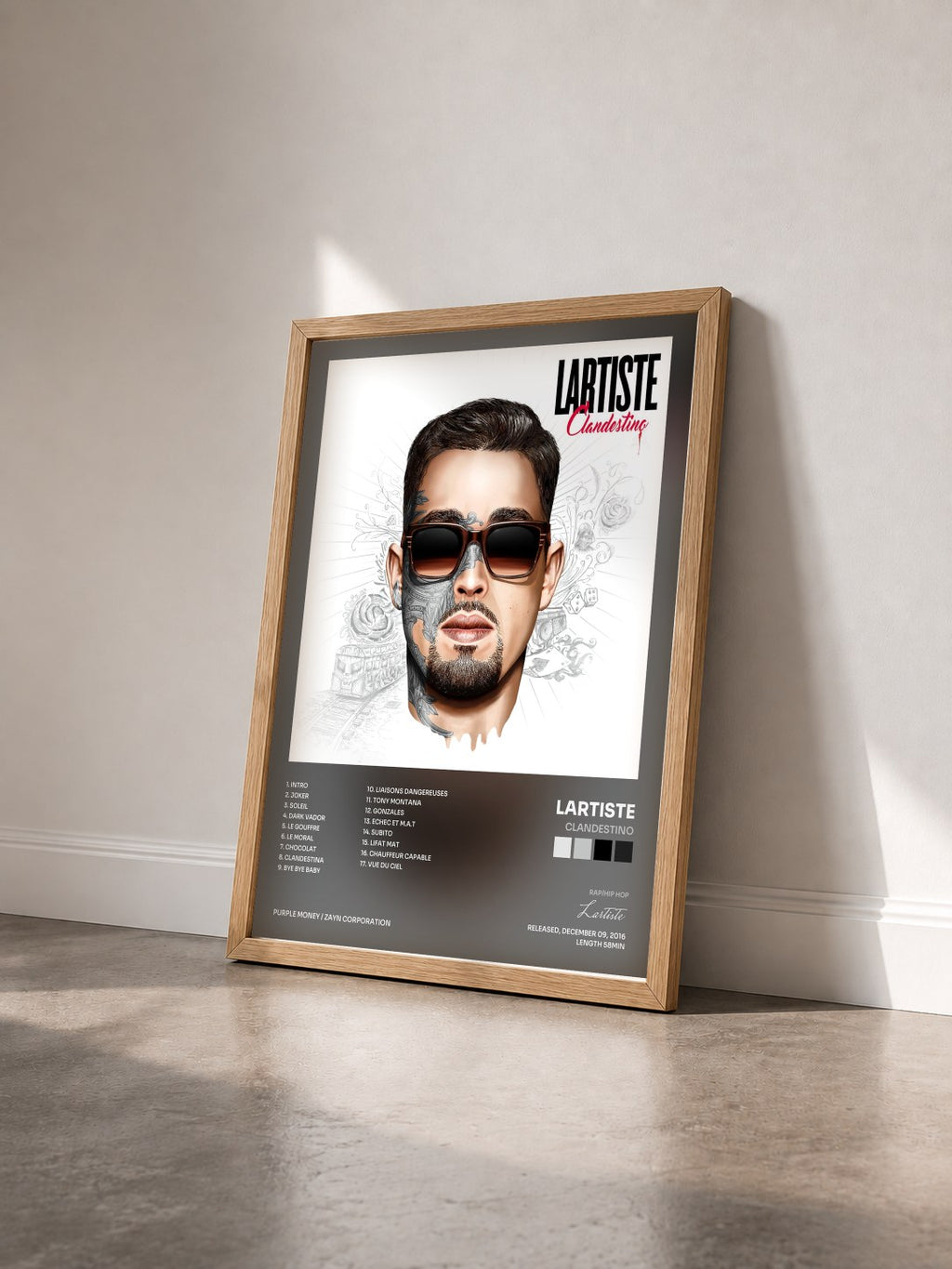 #bois Tableau de l'album Clandestino de Lartiste vu de trois quarts, cadre en bois brut
