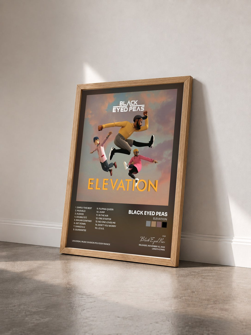 #bois Tableau de l'album Elevation de Black Eyed Peas vu de trois quarts, cadre en bois brut