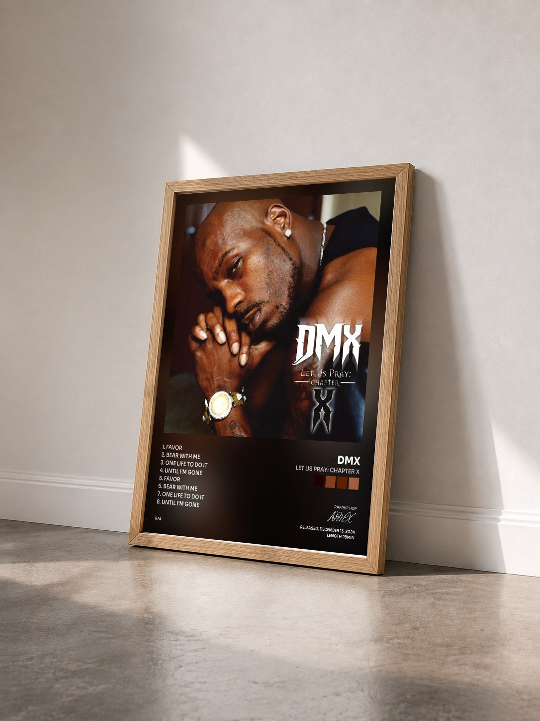 #bois Tableau de l'album Let Us Pray: Chapter X de DMX vu de trois quarts, cadre en bois brut