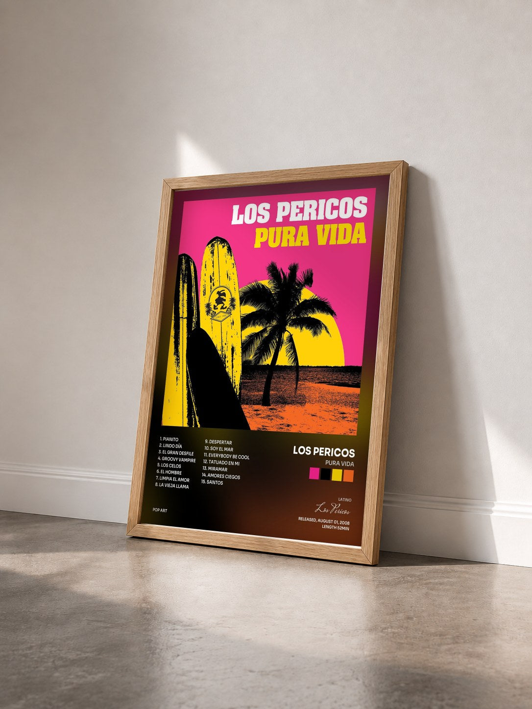 #bois Tableau de l'album Pura Vida de Los Pericos vu de trois quarts, cadre en bois brut