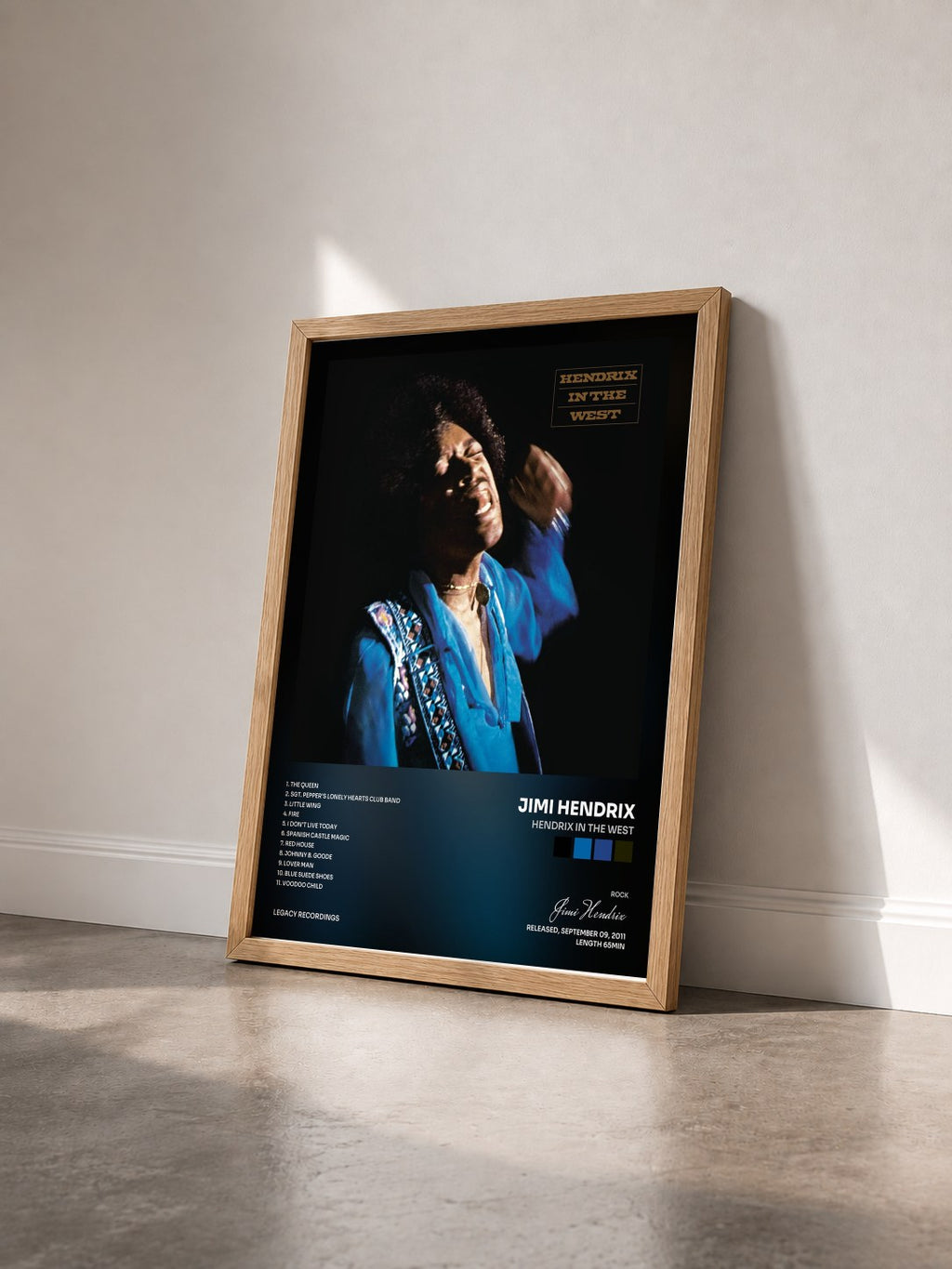 #bois Tableau de l'album Hendrix In The West de Jimi Hendrix vu de trois quarts, cadre en bois brut